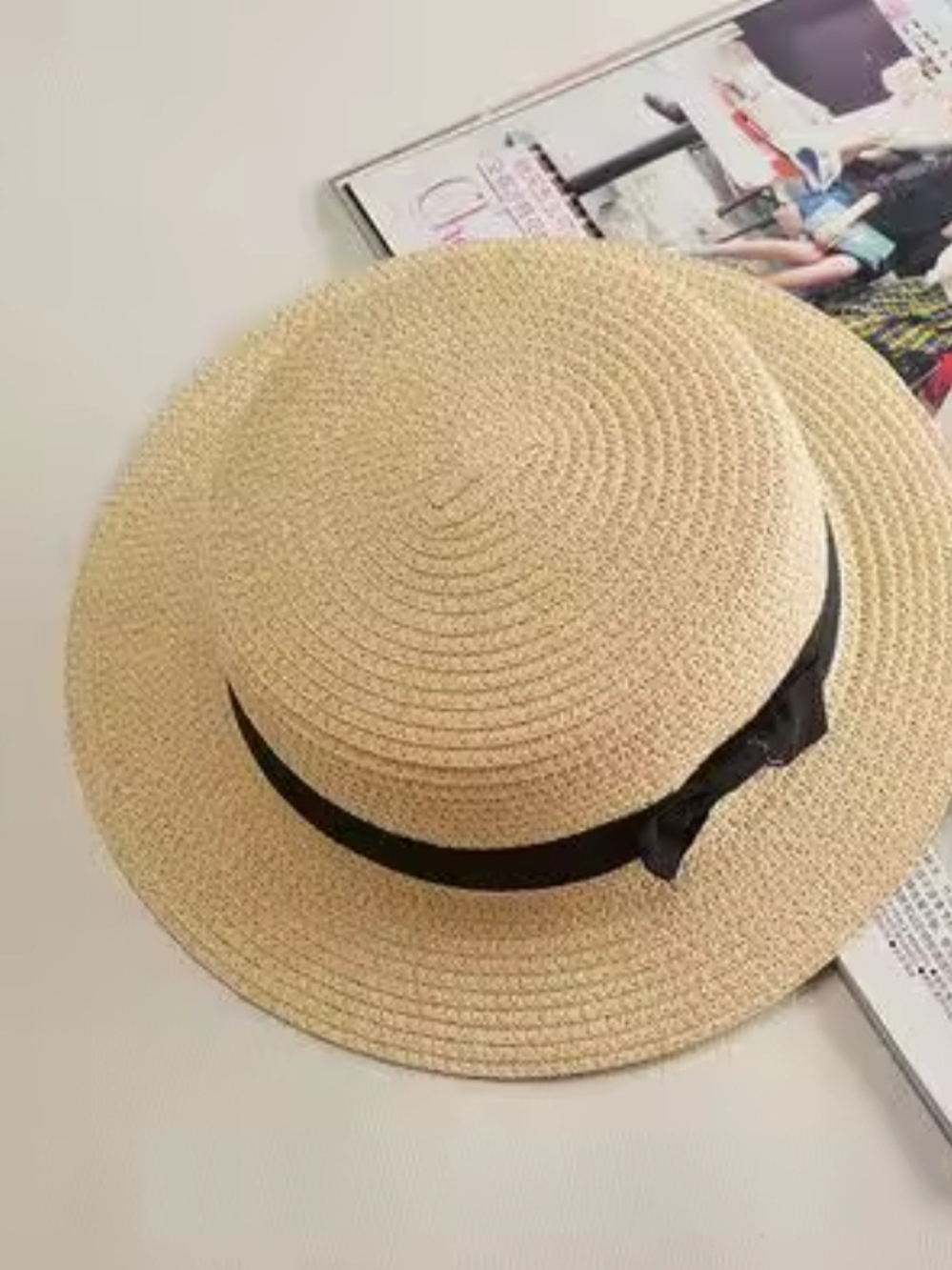 Straw Sun Hat with Black Ribbon - Classic Summer Accessory MOM and Kid